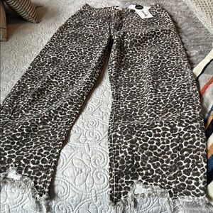 Leopard A Leopard Print Barrel Jean with Frayed Hem Pants